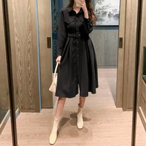 넷투넷코리아 여성 롱 원피스 셔츠형 루즈 긴팔 a라인 플레어 벨트