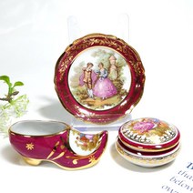 (특가) 프랑스 리모지 레드 갈란트 원형 트렁켓과 슈즈와 접시, 트렁켓