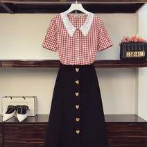 HQINT 와플 체크 레이스 블라우스 하트세트 블랙 롱스커트 투피스 세트