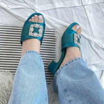 사각 버클 큐빅 보석 새틴 청키굽 하이힐 뮬슬리퍼 샌들 5color 블랙 화이트 그레이 그린 블루 5cm