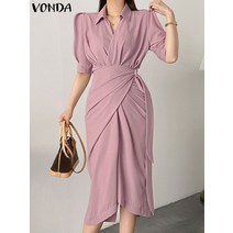 VONDA 여름 여성 캐주얼 솔리드 컬러 슬림 원피스