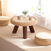 원형 미니 티테이블 차 다도 다다미 라탄 입식 세트, 호두 원탁+원형방석2