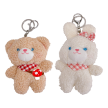 [리틀데이지] 곰돌이 토끼 봉제 인형 키링 2종 세트, 머슈룸 베어 + 화이트 레빗