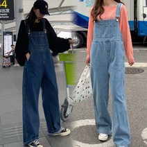 일랑 여성 데님 멜빵 청 통 바지