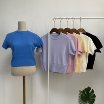 [제주도 바당톤 코발트블루 반팔 니트 KNIT 퀄리티실화] 베이직 라운드 크롭 블랙 노랑 아이보리 인디 핑크 노랑 옐로우 비비드 얇은 비침없는 짜임좋은 여자 여성 데일리 기본티셔츠