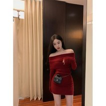 순수한 스타일 짧은 치마 오프 숄더 니트 긴팔 드레스 여성용 허리 포옹 이너베이스 시스 스커트 가을 상