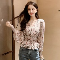 여성 쉬폰 블라우스 치마 허리 꽃 짧은 재킷 높은 바지 공주 부드러운 요정 셔츠