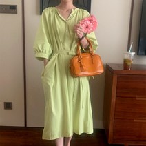셔링 퍼프 롱 원피스 면 여성 원피스 하객룩 모임룩 여자 반팔 원피스