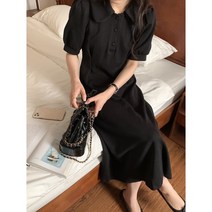 2colors 둥근 카라 어깨 퍼프 면 코튼 여름 핀턱 플레어 a라인 미디 블랙 원피스