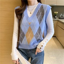 가을 빈티지 깅엄 니트 베스트 여 브이넥 루즈핏 레이어드 일본계 오버핏 니트 나시