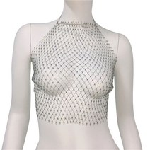 여성 모조 다림통 메쉬 홀터 크롭 탑을 통해 보는 낚시 넷 피쉬 넷 커버 업, 은