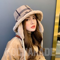 체크 탈부착 귀달이모자