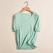 뽕나무 실크 v 넥 짧은 소매 스웨터 느슨한 캐시미어 혼합 스트레이트 슬리브 하프 패션 니트 티셔츠 여성, 04 Bean green_02 XL