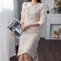 브이와이 여자 라운드넥 진주단추 슬림핏 스판 7부 블라우스