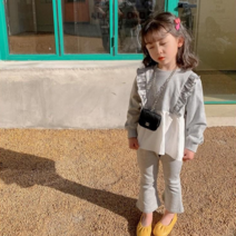 돌 아기 유아 아동 키즈 주니어 여자 아이 봄 가을 간절기 회색 핑크색 무지 라운드넥 프릴 셔링 블라우스 쭈리 면 맨투맨 핀턱 나팔 바지 부츠컷 긴 팔 긴 바지 공주 상하 세트