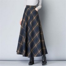 티지 하이 웨이트 모직 체크 스커트 3XL 울 맥시 여성용 패션 캐주얼 롱