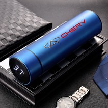 차량용 텀블러 커피포트 호환 Chery Tiggo 스마트 보온병 500ml 3 4 5 7 PRO 8 plus QQ 자동차 컵 휴대용 진공 병 컬러 로고 포함, 02 파란