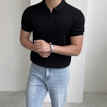 카노라 골지 오픈 카라 반팔 니트