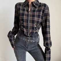 크롭 체크 셔츠 남방 여성 가을 드로스트링 긴팔 지퍼 블라우스
