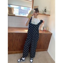 2color 스판 땡땡이 도트 프릴 스트링 빅사이즈 점프수트 멜빵바지 네이비 블랙 물놀이