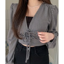 믈린투 체크 소매 밴딩 셔링 블라우스 여성 크롭 셔링블라우스