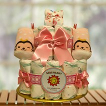 기저귀케이크2단 베베슈 하기스기저귀28개+양말+무형광손수건 포함 완성품, 여아용_4단계_돌선물용