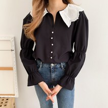 요시아나 [세일] [당일발송] 자수카라 진주단추 지퍼 블라우스 -2컬러