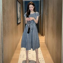 고방 깅엄 체크 밴딩 리본 셔링 캡소매 플레어 여름 원피스 ~77