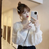오프숄더블라우스 쉬폰블라우스 HOUZHOU 화이트 여성 블라우스 세련된 퍼프 슬리브 아름다운 레이스 셔츠