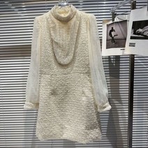 BORVEMAYS 다이아몬드 메쉬 트위드 원피스 루즈핏 기본 컬러 긴팔 무릎 길이 2023 가을 WZ5405 하객룩