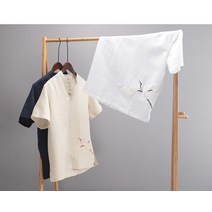 - 남자 여름 셔츠 린넨 마셔츠 두루미 자수 프린트 풀오버 면마 남 루즈핏 반팔 캐주얼 톱