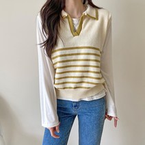 데일리앤 여성 단가라 배색 카라 니트 베스트 하임