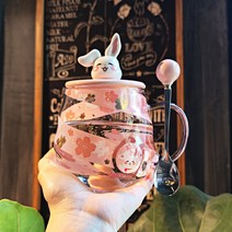 내열유리 핸들머그컵+캐릭터 뚜껑+믹싱 스푼 3종세트 래빗 시바견 유니콘 인스핫 홈카페 머그잔 손잡이있음 물컵 커피찻잔 계묘년 토끼띠 센스있는 선물 커플용, 1번-유리 머그컵+버니 뚜껑+믹싱 스푼