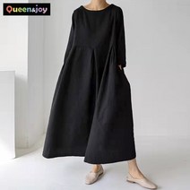 퀸앤조이 내추럴핏 핀턱 플레어 린넨 롱원피스