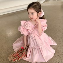 쁘띠람 여아 원피스 유아 아동 여름원피스 브이넥 프릴 핑크 자매 유치원 등원