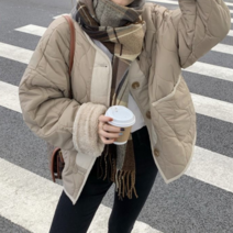 [엘샾] 여성 베이직 양면 배색 누빔 패딩 점퍼 노카라 퍼자켓