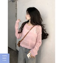 펀칭 니트 얇은 긴팔 티셔츠 시크 탑 그물망 티