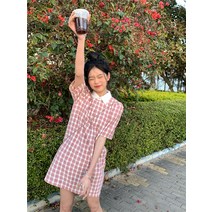 스윗 패치워크 카라넥 반팔원피스 여성 봄계절 2023 달다 메그 허리보정 A라인 짧은