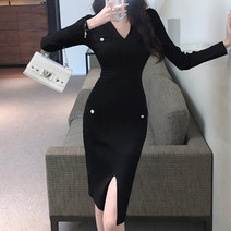 블링앤수 여성 파티 브이넥 슬림핏 미디 원피스 KZZ497