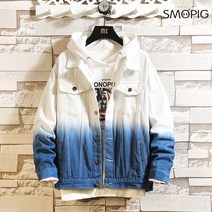 SMOPIG 남성 패션 루즈핏 하이넥 캐주얼 보카시 데님 자켓 코트