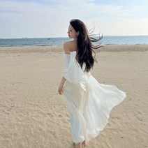 SURBORT 화이트 오프숄더 바캉스 여성 성장 스커트 해변 여행 비치 스커트 날개 소매 원피스