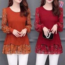 77우먼스 여성 듀얼블라우스 빅사이즈 99+ 쉬폰혼방 프릴 꽃무늬 봄 가을 듀얼 블라우스 데일리룩 이월 이월상품 [리현커머스]