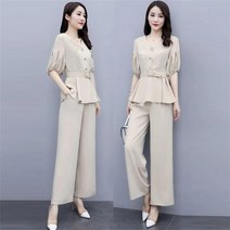 꽃소담 여성 여름 슬림핏 반팔 블라우스 와이드바지 상하세트 QQA1085