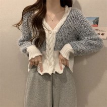 뽀글이니트 Xiaoxiangfeng v 넥 긴팔 부드러운 밀랍 스웨터 여성 가을 겨울 대비 색 모피 짧은 니트 가디건 탑 조수