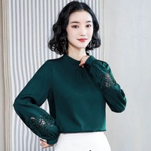 드레이프 블라우스 새틴블라우스 봄신상 패션 서양식 슬림 천연 실크 자수 길어야 벌룬 긴팔 새틴 셔츠 13042