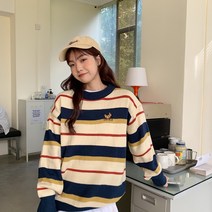 컬러풀한 스트라이프 가시 스웨터 루즈한 핏 앤티크 학생 니트 톱 여추