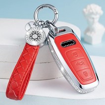 SHANGHONG 아우디 키 포브 커버 열쇠고리가 있는 천연 가죽 크리스탈 전체 보호 키 케이스 쉘 A6L A6 A7 A8 Q7 Q8 E-Tron 2018-2022 A3 S3, Model 2(red)