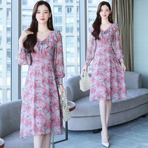 SURBORT 플라워 쉬폰 원피스 봄신상 한국식으로 허리를 여미고 날씬해 보이는 V넥 미디엄 롱 스커트입니다