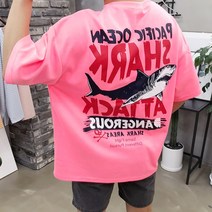 용된다 샤크 프린팅 오버핏 남성 반팔티셔츠 맨투맨