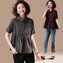 뉴욕멋쟁이 국내배송 하인드 고방체크 블라우스 여성남방 반팔블라우스